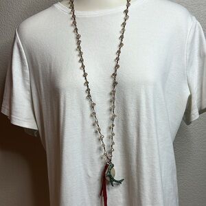 Boho Beaded Necklace with Sea Green Antler Charm & Suede Tassels – 24